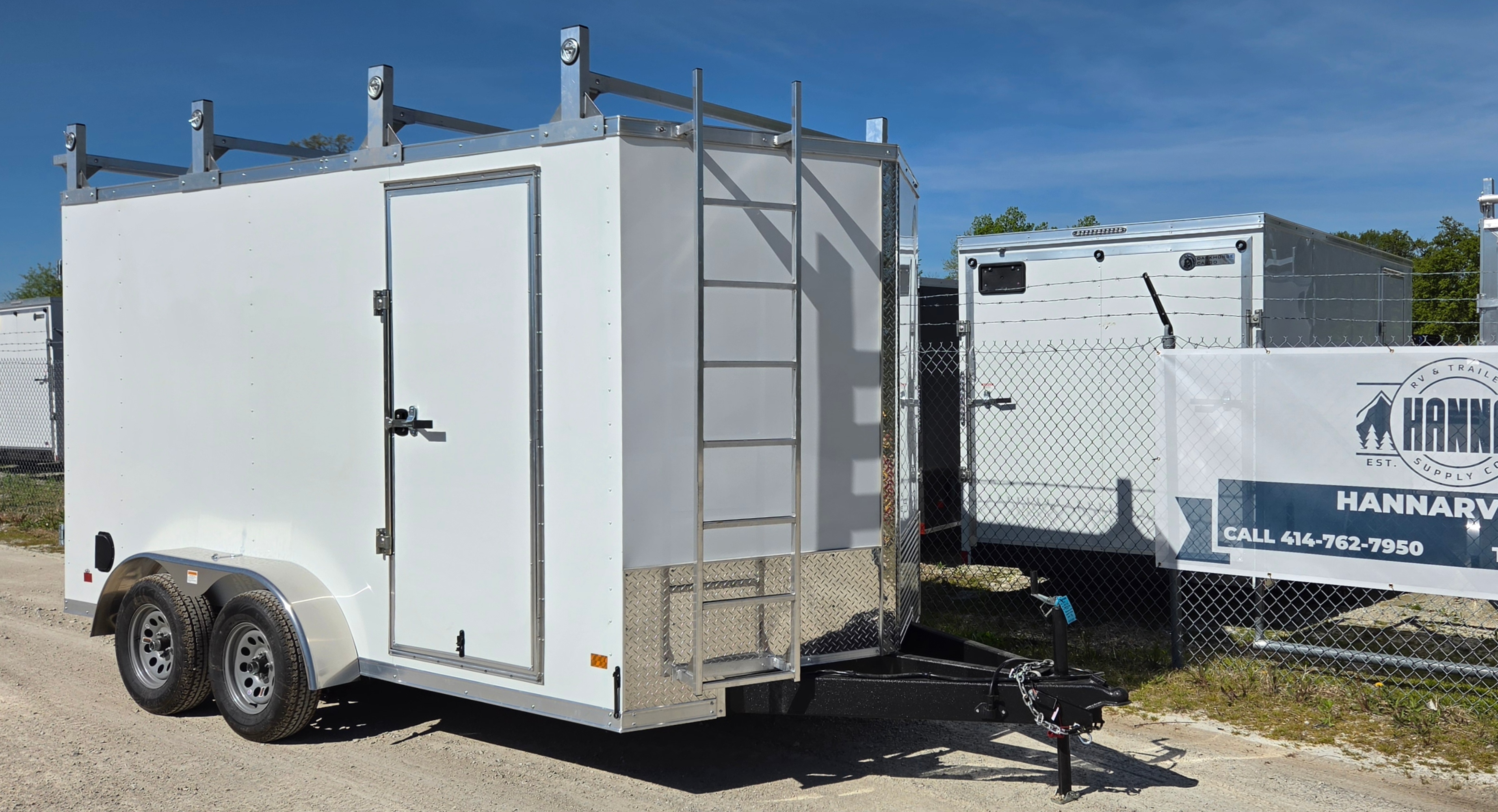 DarkHorse 7X14 Wedge Nose Tandem Axle Steel Contractor Cargo Trailer with Double Rear Doors, 12" Extra Height - 2500 Series - White